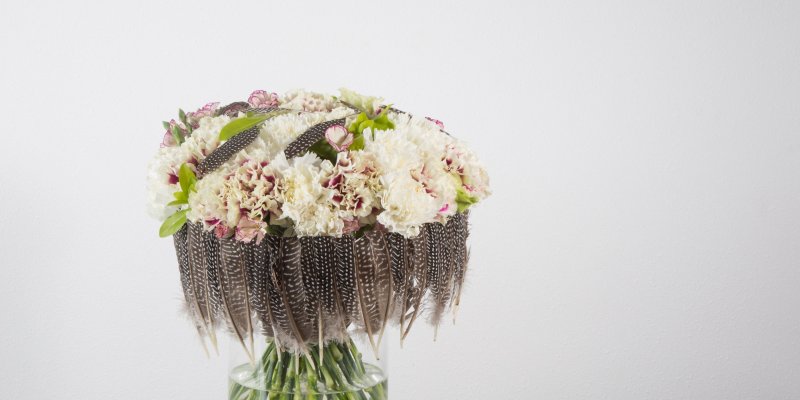 Feathered spring bouquet with Dianthus