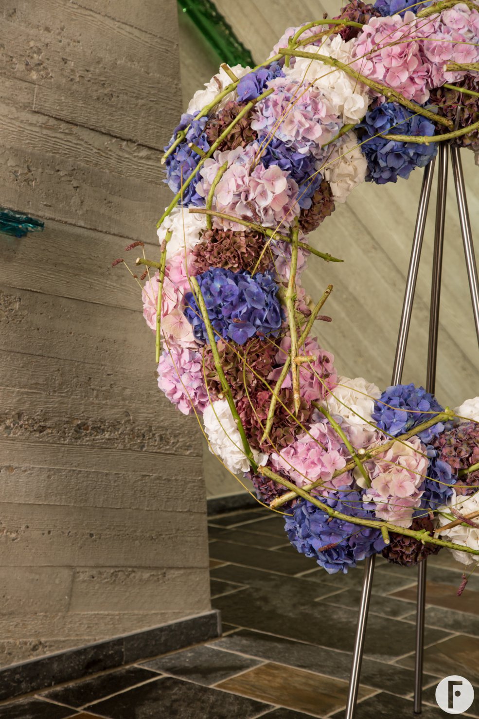 Funeral flower wreath with fresh cut Hydrangea